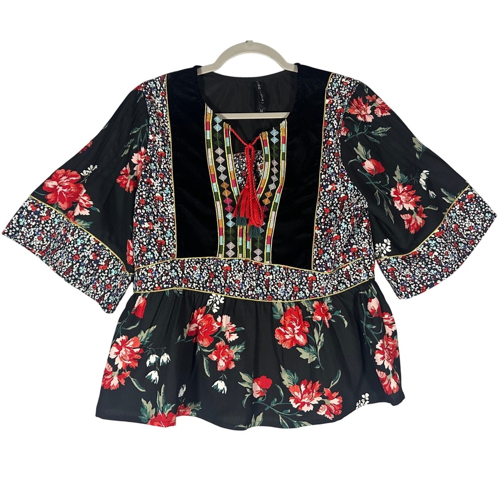 Banjara Boho Mixed Media Floral Velvet Embroidered Tassel Top Sz M Peplum Pleats